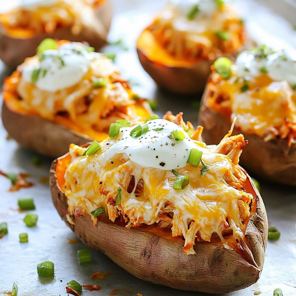 Buffalo Chicken Stuffed Sweet Potatoes Delight